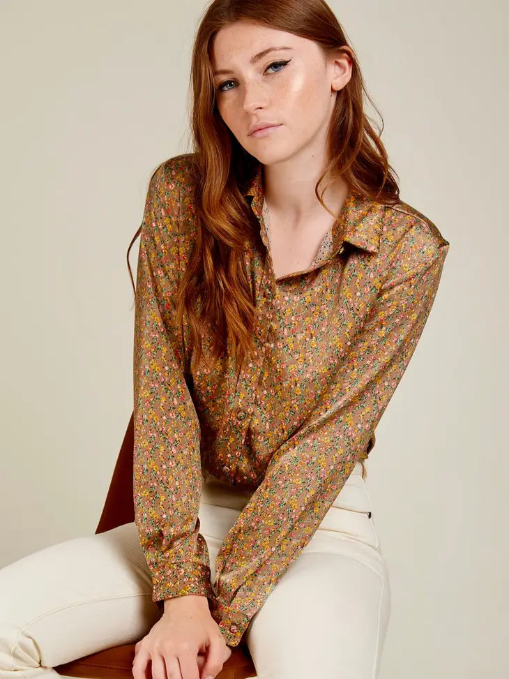 Taupe floral long sleeve shirt