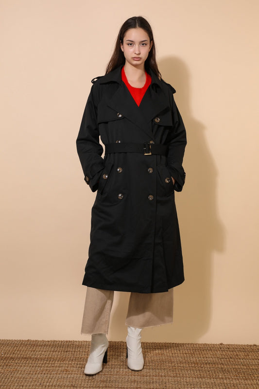 Black trench coat with hood and double buttons