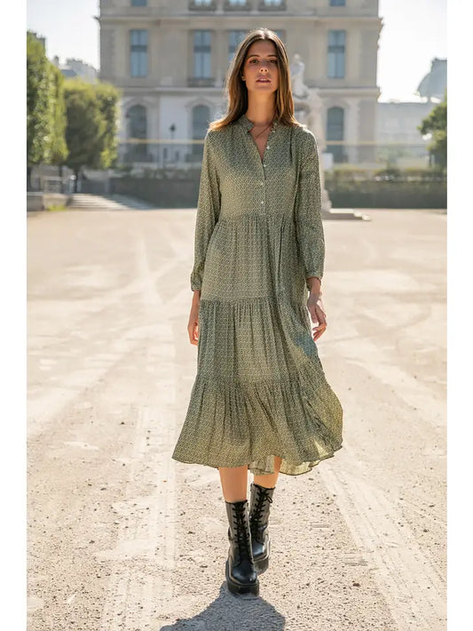 Loose Fitting Printed Shirt Style Long Dress with Ruffles