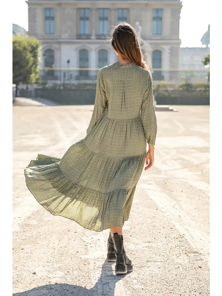 Loose Fitting Printed Shirt Style Long Dress with Ruffles