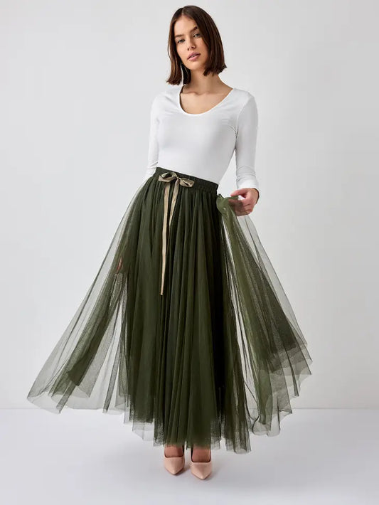 Khaki green tulle skirt with bow tie