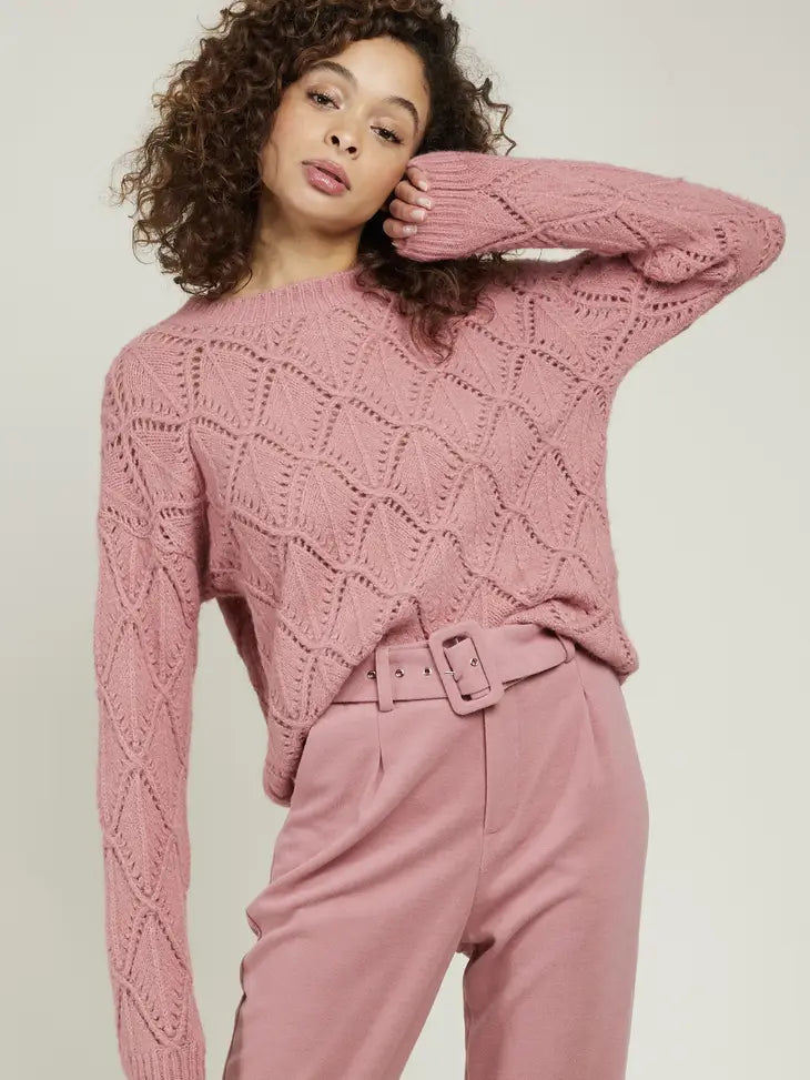 Pink openwork knit round neck jumper