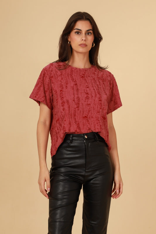 Red round neck t shirt with texture detail