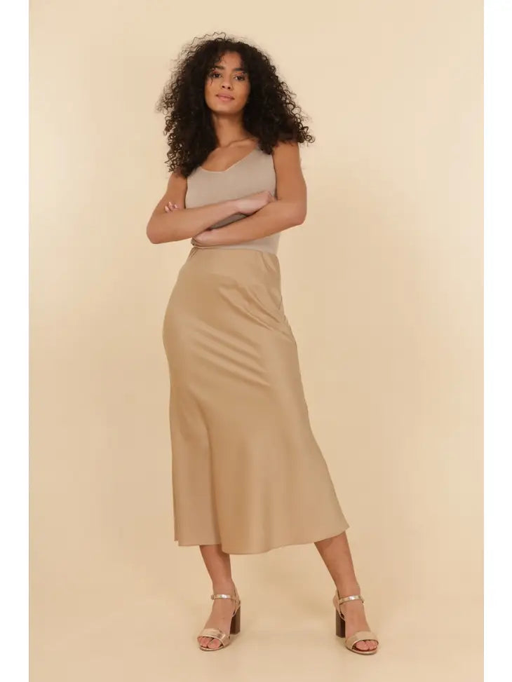 satin mid cut long skirt in champagne beige