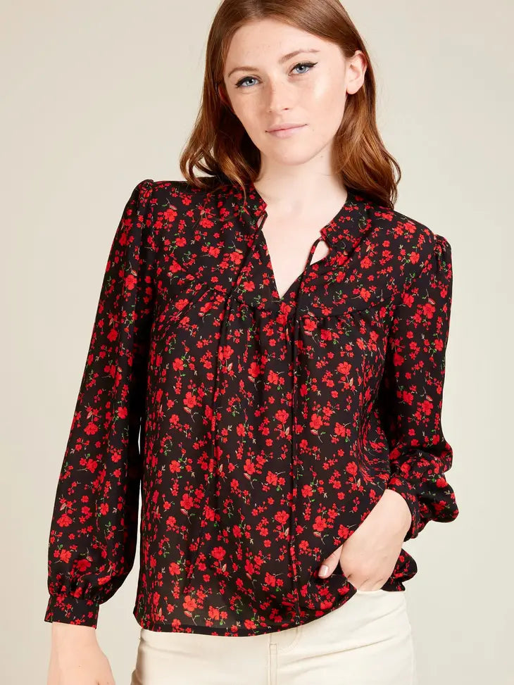 Floral red and black long sleeve blouse