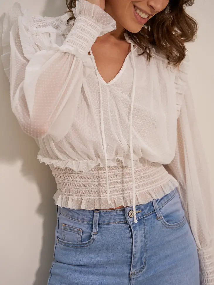 Boho white v neck top with waist and puff sleeve details